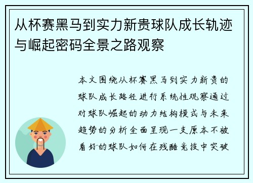 从杯赛黑马到实力新贵球队成长轨迹与崛起密码全景之路观察